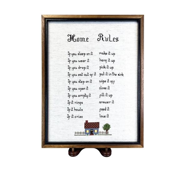 Framed Cross-Stitch "Home Rules" | Handmade Embroidered Wall Art‎ | Rustic Decor - Picture 1 of 8